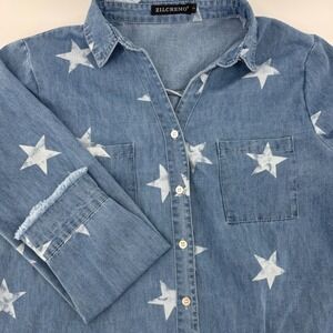 ZILCREMO Denim‎ Star Print Frayed Hem Button Down Shirt Dress large